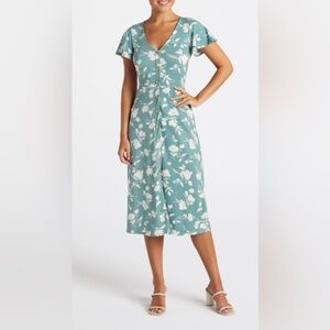 The FORTUNE + IVY Josey Knit Midi Dress. Teal. Floral. Buttons. Stretchy. Medium
